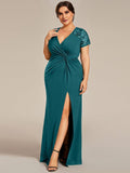 Plus Size V-Neck Pleated Slit Mermaid Mother of the Bride Dress