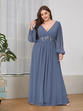 Plus Size Black V-Neck Evening Dress with Long Sleeves #color_Dusty Blue
