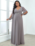 Plus Size Black V-Neck Evening Dress with Long Sleeves #color_Grey
