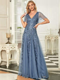 Elegant Black Sequin Evening Dress with Ruffle Sleeves #color_Dusty Blue