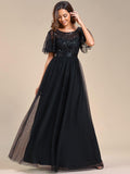 Stunning Sequin Applique A-Line Evening Dress with Short Sleeves