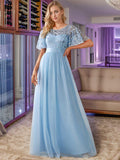 Stunning Sequin Applique A-Line Evening Dress with Short Sleeves