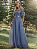 Elegant Sequin Applique Prom Dress with Flutter Sleeves #color_Dusty Blue