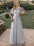 Stunning Sequin Applique A-Line Evening Dress with Short Sleeves