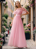 Stunning Sequin Applique A-Line Evening Dress with Short Sleeves
