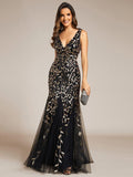 V-Neck Black Sequin Long Mermaid Evening Dress#Color_Black & Gold