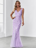 Straps Lavender Applique Sequin Mermaid Evening Dress #Color_Lavender