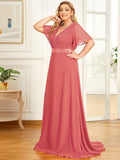 Plus Size V-Neck Chiffon A-Line Evening Dress with Short sleeves