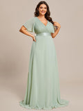 Plus Size V-Neck Chiffon A-Line Evening Dress with Short sleeves