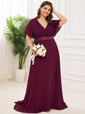 Plus Size V-Neck Chiffon A-Line Evening Dress with Short sleeves