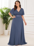Plus Size V-Neck Chiffon A-Line Evening Dress with Short sleeves
