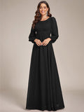 Elegant Crew Neck Chiffon Mother Dress wiith Puff Sleeve #color_Black