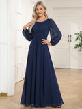 Elegant Crew Neck Chiffon Mother Dress wiith Puff Sleeve #color_Navy Blue