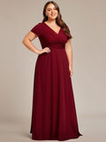 Plus Size V-Neck Pleated Long Bridesmaid Dress with Short Sleeves