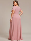 Plus Size V-Neck Pleated Long Bridesmaid Dress with Short Sleeves