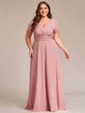 Plus Size V-Neck Pleated Long Bridesmaid Dress with Short Sleeves
