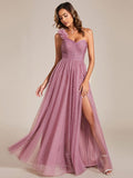 One Shoulder Corset Tulle A-Line Bridesmaid Dress with Slit