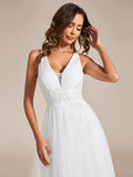 V-Neck Pleated Applique Tulle A-Line Bridesmaid Dress