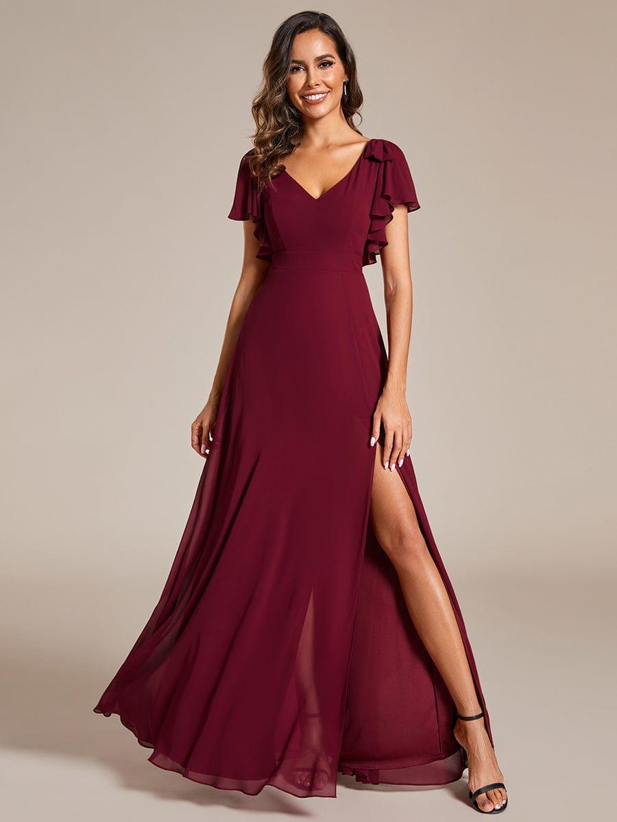 V-Neck Elegant Burgundy Chiffon Bridesmaid Dress with Slit