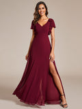 V-Neck Elegant Burgundy Chiffon Bridesmaid Dress with Slit