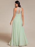 Floral Halter Pleated Chiffon A-Line Bridesmaid Dress