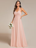 Floral Halter Pleated Chiffon A-Line Bridesmaid Dress