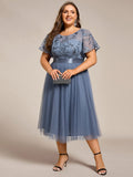 Plus Size Round Neck Sequin Applique Midi Bridesmaid Dress