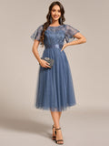 Crew Neck Sequin Applique Midi Bridesmaid Dress with Sleeves