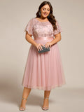 Plus Size Round Neck Sequin Applique Midi Bridesmaid Dress