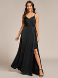 Spaghetti Straps Ruched Satin Bridesmaid Dress with Slit