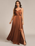 Spaghetti Straps Ruched Satin Bridesmaid Dress with Slit