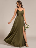 Spaghetti Straps Ruched Satin Bridesmaid Dress with Slit