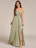 Spaghetti Straps Ruched Satin Bridesmaid Dress with Slit