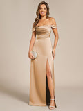 Off Shoulder Pleated Mermaid Bridesmaid Dress with Slit