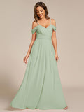 Pleated A-Line Long Bridesmaid Dress with Off-Shoulder