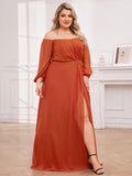 Plus Size Pleated Slit Bridesmaid Dress with Long Sleeves