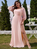 Plus Size Pleated Slit Bridesmaid Dress with Long Sleeves