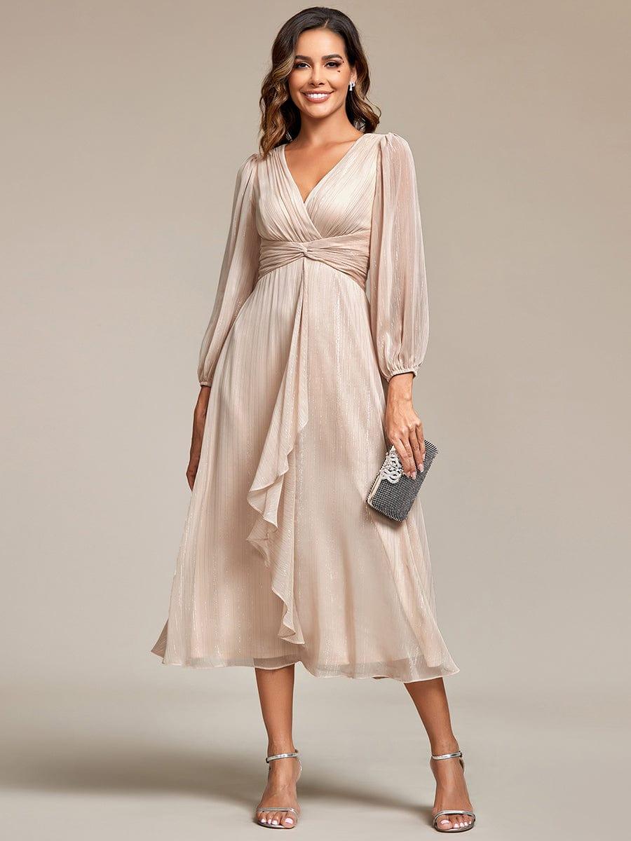 Glitter Champagne Ruffle Evening Dress with Long Sleeve #color_Champagne