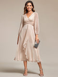 Glitter Champagne Ruffle Evening Dress with Long Sleeve #color_Champagne