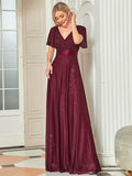 Elegant V-Neck Pleated A-Line Bridesmaid Dress with Short Sleeves