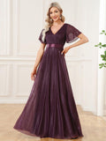 Elegant V-Neck Pleated A-Line Bridesmaid Dress with Short Sleeves