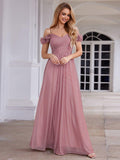 Pleated A-Line Evening Dress with Floral Cold-Shoulder