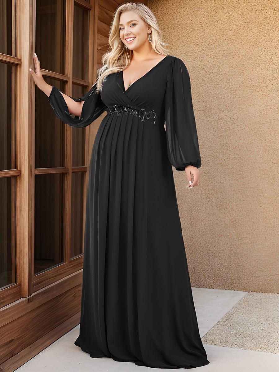 Plus Size Black V-Neck Evening Dress with Long Sleeves #color_Black