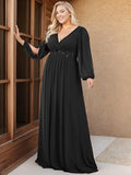 Plus Size Black V-Neck Evening Dress with Long Sleeves #color_Black