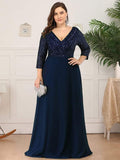 Plus Size Sequin A-Line Formal Evening Dress with Long Sleeves