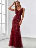 V-Neck Black Sequin Long Mermaid Evening Dress #Color_Burgundy
