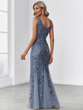 V-Neck Black Sequin Long Mermaid Evening Dress #Color_Dusty Blue