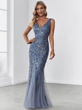 V-Neck Black Sequin Long Mermaid Evening Dress #Color_Dusty Blue