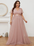 Plus Size V-Neck A-Line Tulle Formal Bridesmaid Dress