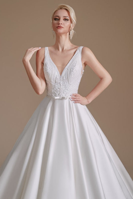 V-Neck Satin Long Wedding Dress with Lace Top
